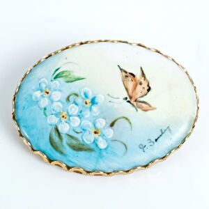 Hand-Painted Porcelain Butterfly and Flower Brooch - Vintage - 1 5/8" x 1 1/4"